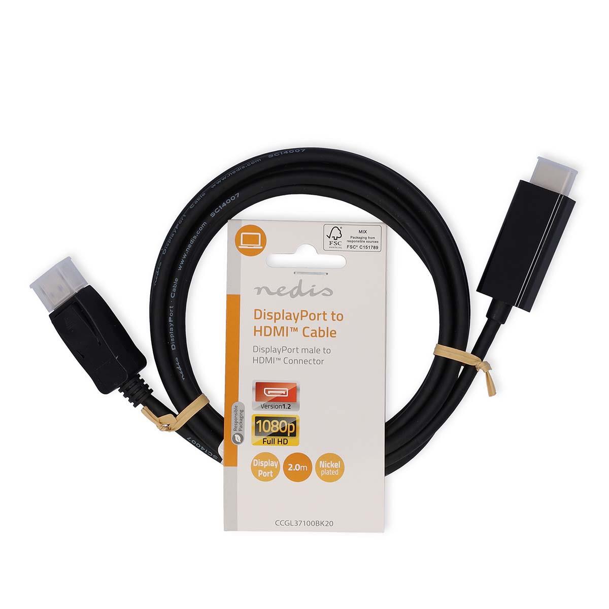 Nedis CCGL37100BK10 | DisplayPort Cable | DisplayPort Male | HDMI™ Connector | 1080p | Nickel Plated | 1.00 m | Round | PVC | Black | Label