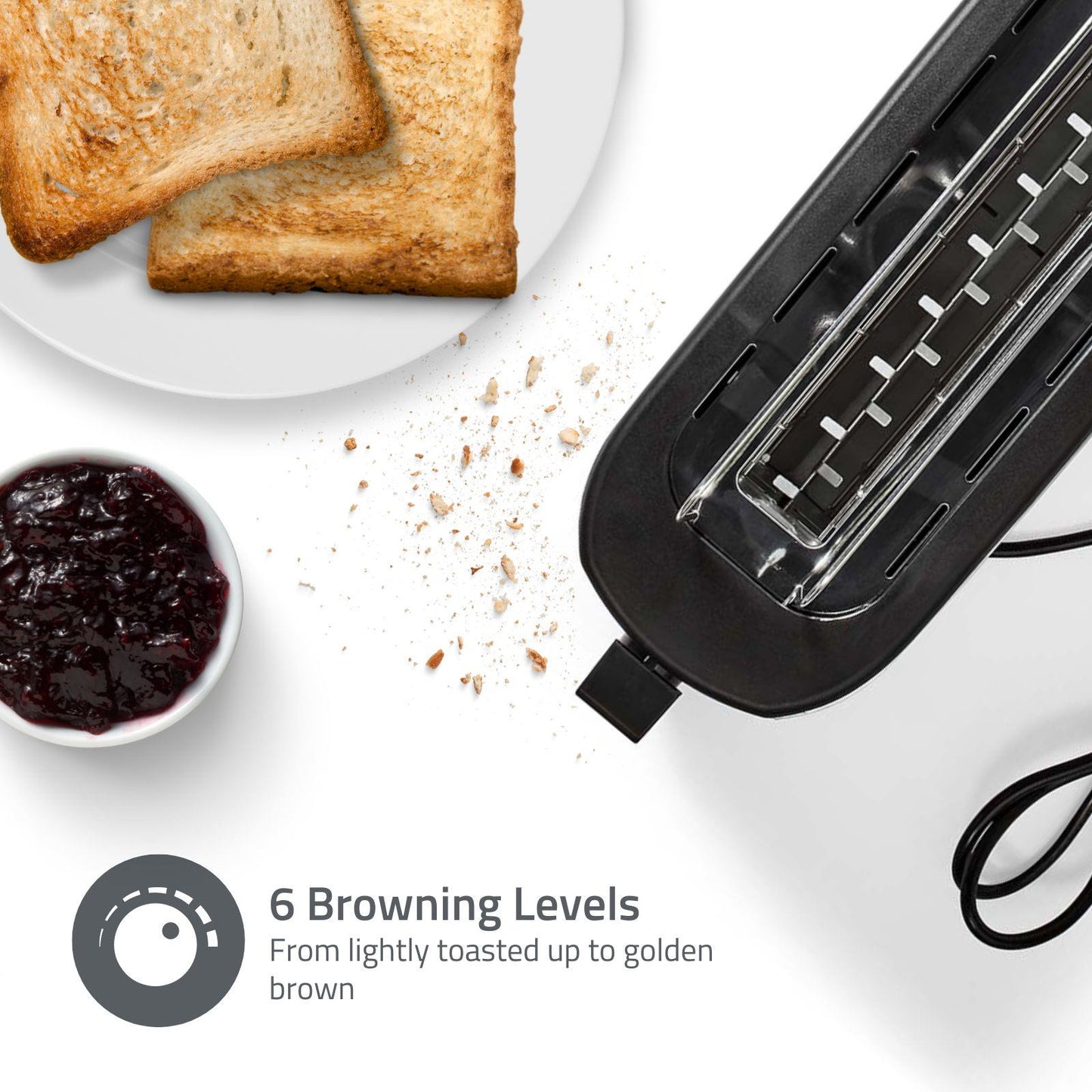 Nedis Toaster | Stainless Steel Series | 2 Bread Slices | 1 Long Slot | Browning levels: 6 | Defrost feature | Bun rack | Aluminium