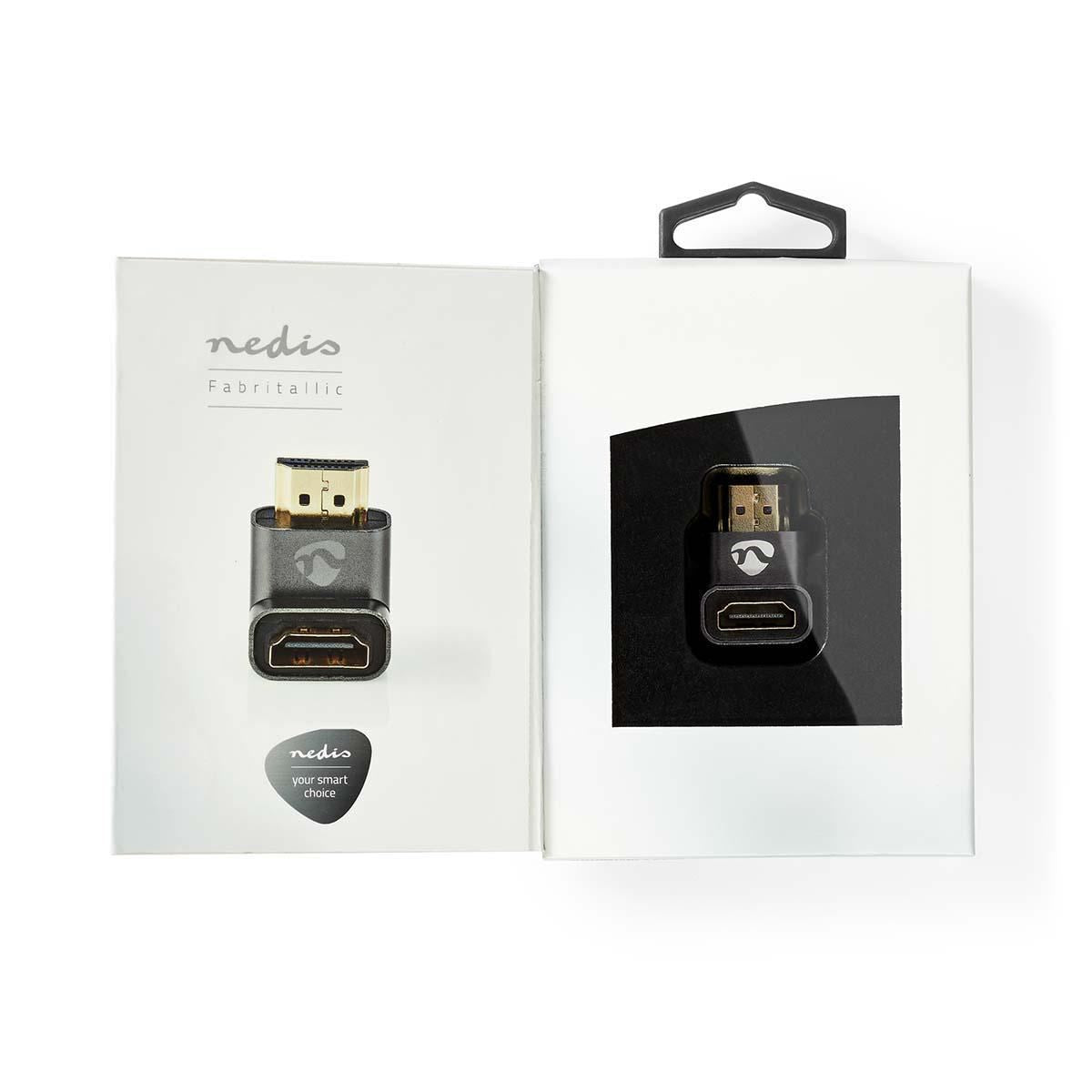 Nedis HDMI™ Adapter | HDMI™ Connector / HDMI™ Male | HDMI™ Output | Gold Plated | Angled 90° | Aluminium | Gun Metal Grey | 1 pcs | Cover Window Box