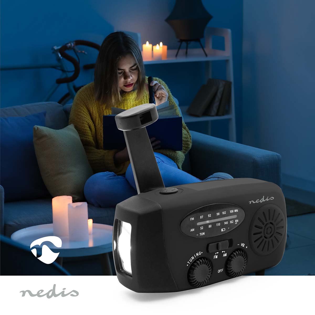 Nedis Emergency Radio | Table Design | AM / FM | Powerbank function | Battery Powered / Hand Crank / USB Powered | Black