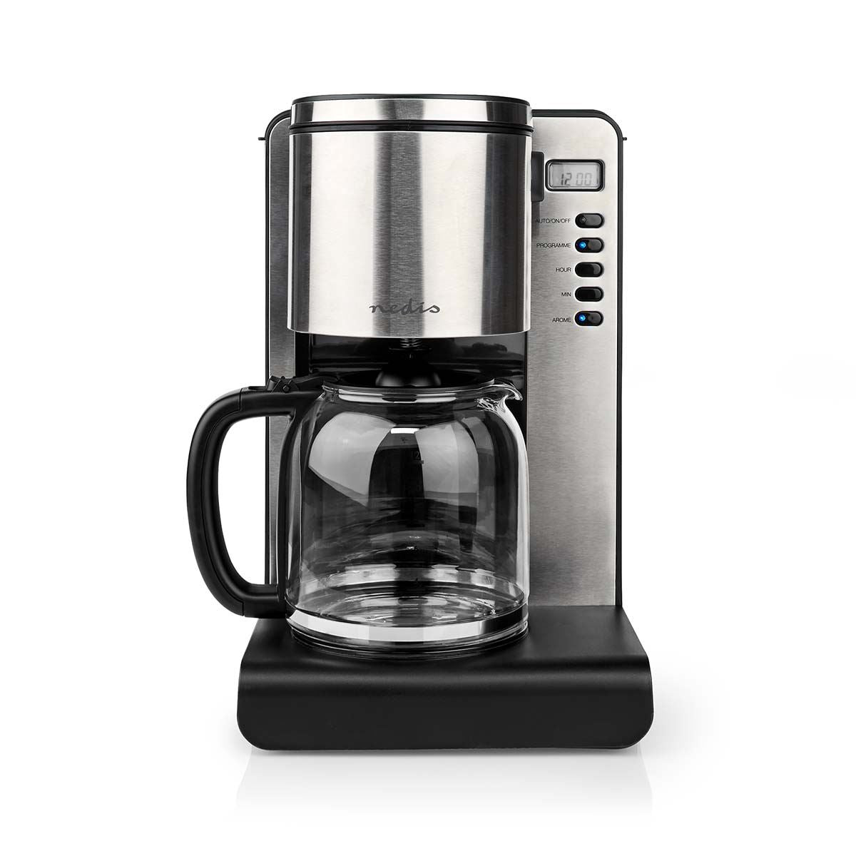Nedis Coffee Maker | Filter Coffee | 1.5 l | 12 Cups | Keep warm feature | Switch on timer | LCD display | Clock function | Aluminium / Black
