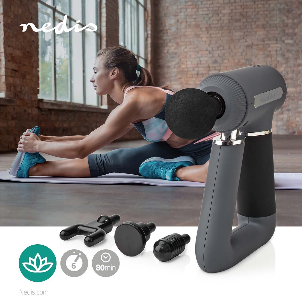 Nedis Sports Massage Gun | Battery Powered | N/A | Rechargeable | 6 Massage Modes | USB-Cable | Grey