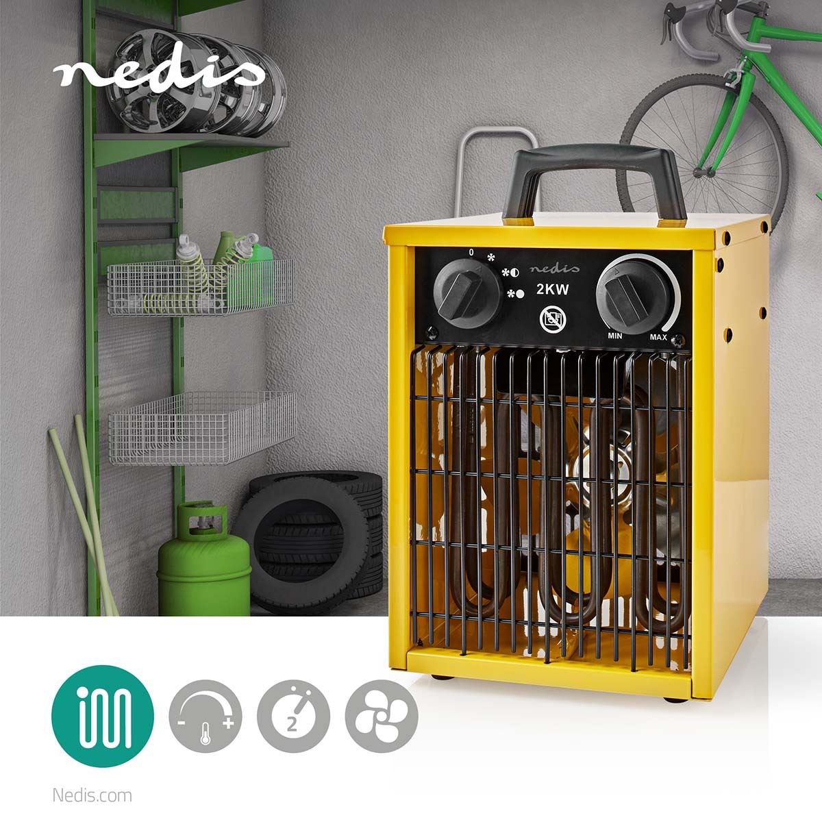 Nedis Industrial Design Fan Heater | 1000 / 2000 W | Adjustable thermostat | 2 Heat Settings | IP24 | Integrated handle(s) | Yellow