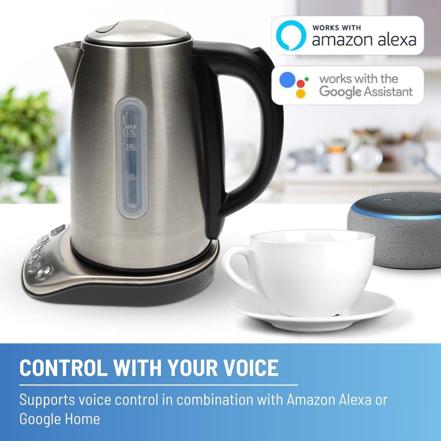 Nedis SmartLife Electric Kettle | Wi-Fi | 1.7 l | Stainless Steel | 70,80,90,100 °C | Temperature indicator | Rotatable 360 degrees | Concealed heating element | Strix® controller | Android™ / IOS