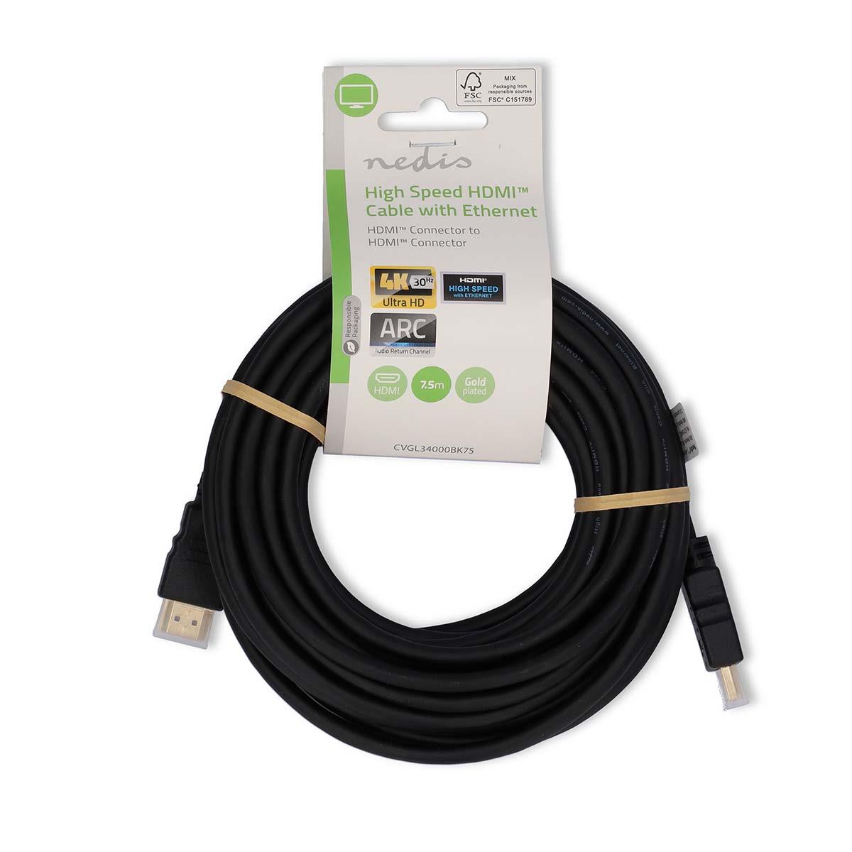 Nedis High Speed HDMI™ Cable with Ethernet | HDMI™ Connector | HDMI™ Connector | 4K@30Hz | ARC | 10.2 Gbps | 7.50 m | Round | PVC | Black | Label | 12.349.335