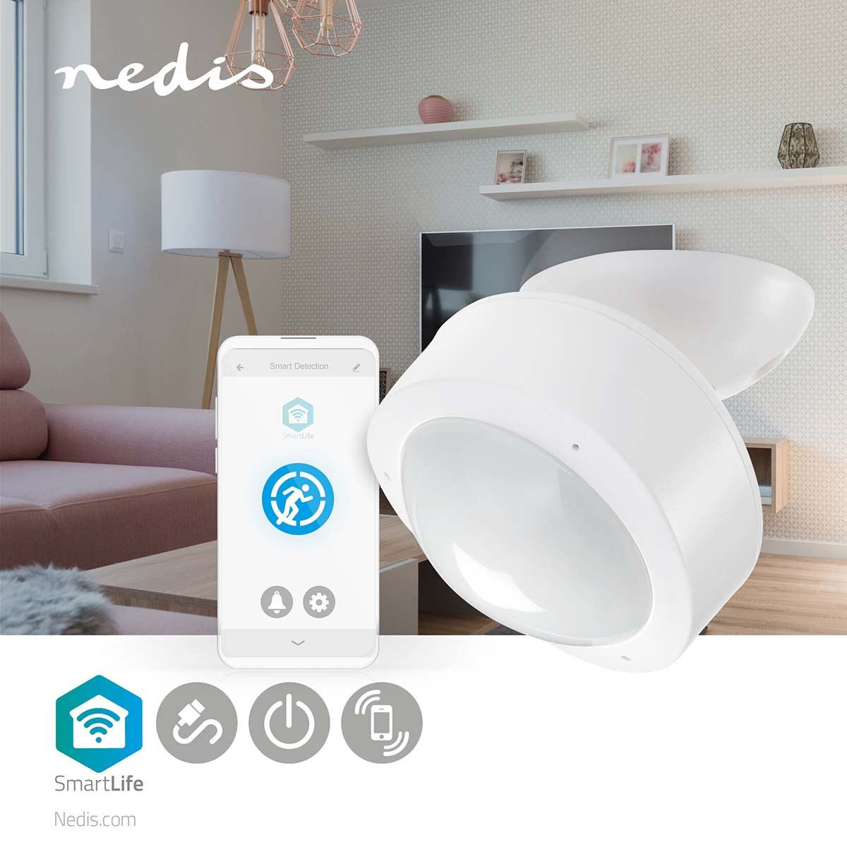 Nedis SmartLife Motion Sensor | Wi-Fi | Battery Powered / Mains Powered | Detector angle: 120 ° | Detector range: 10.0 m | White