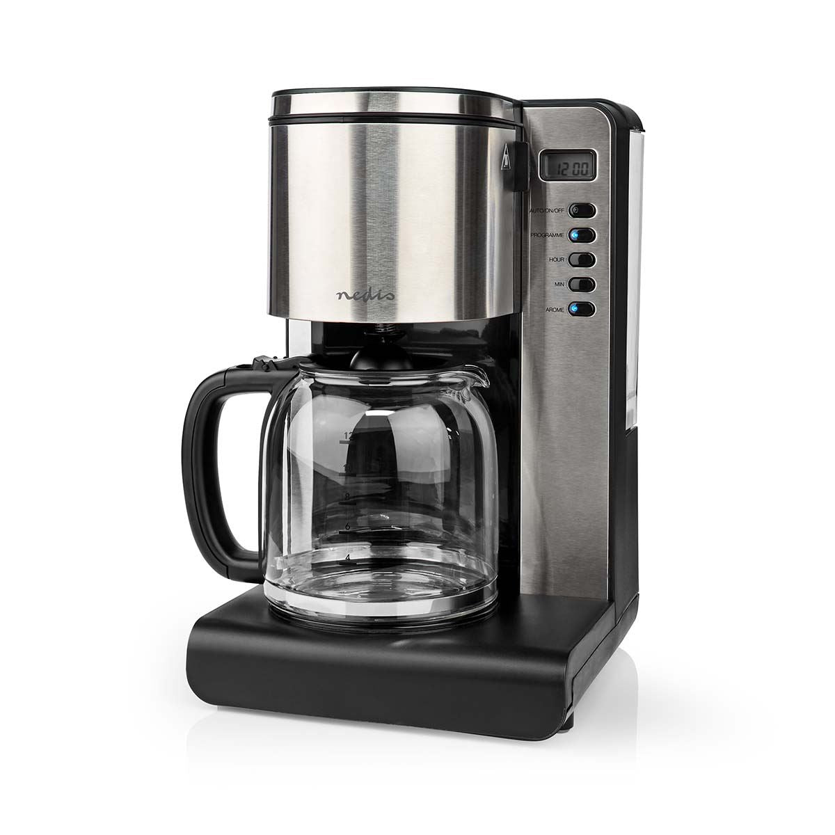 Nedis Coffee Maker | Filter Coffee | 1.5 l | 12 Cups | Keep warm feature | Switch on timer | LCD display | Clock function | Aluminium / Black