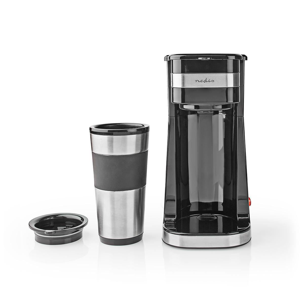 Nedis Single Serve Coffee Maker with 400ml Travel Mug, Double Wall Insulated, Stainless Steel, with Reusable Filter
