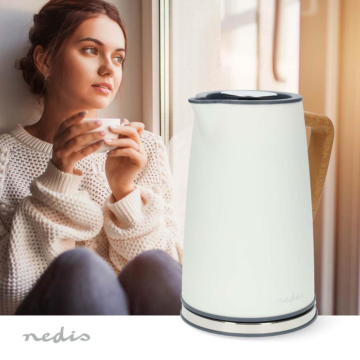 Nedis Electric Kettle | 1.7 l | Soft-Touch | White | Rotatable 360 degrees | Concealed heating element | Strix® controller | Boil-dry protection