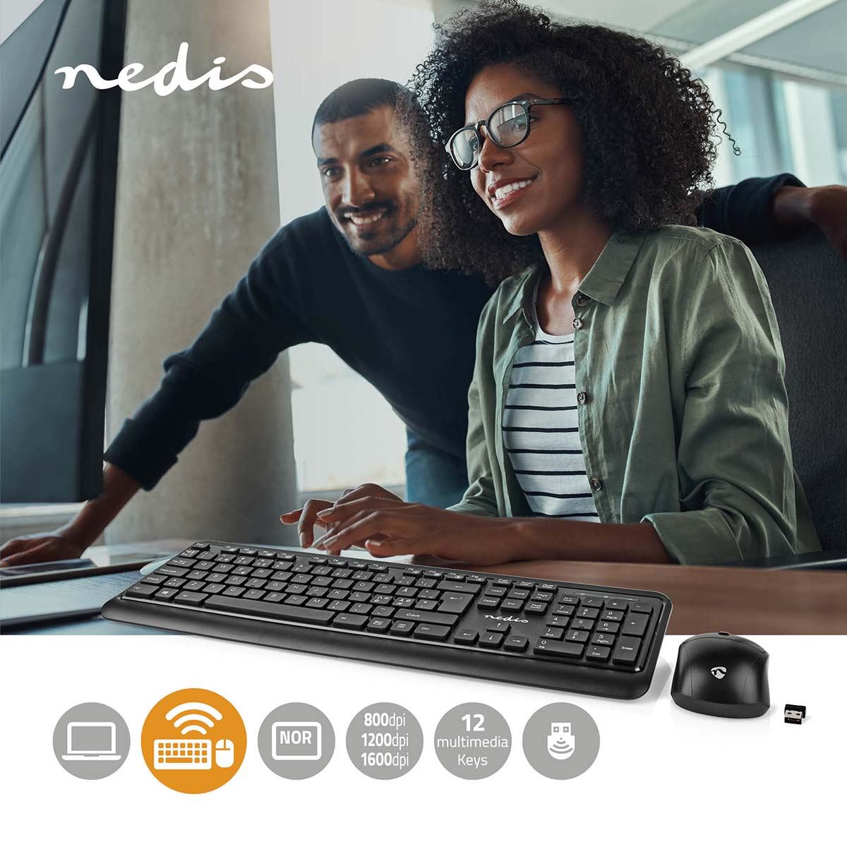 Nedis Mouse and Keyboard Set | Wireless | Mouse and keyboard connection: USB | 800 / 1200 / 1600 dpi | Adjustable DPI | QWERTY | ND Layout
