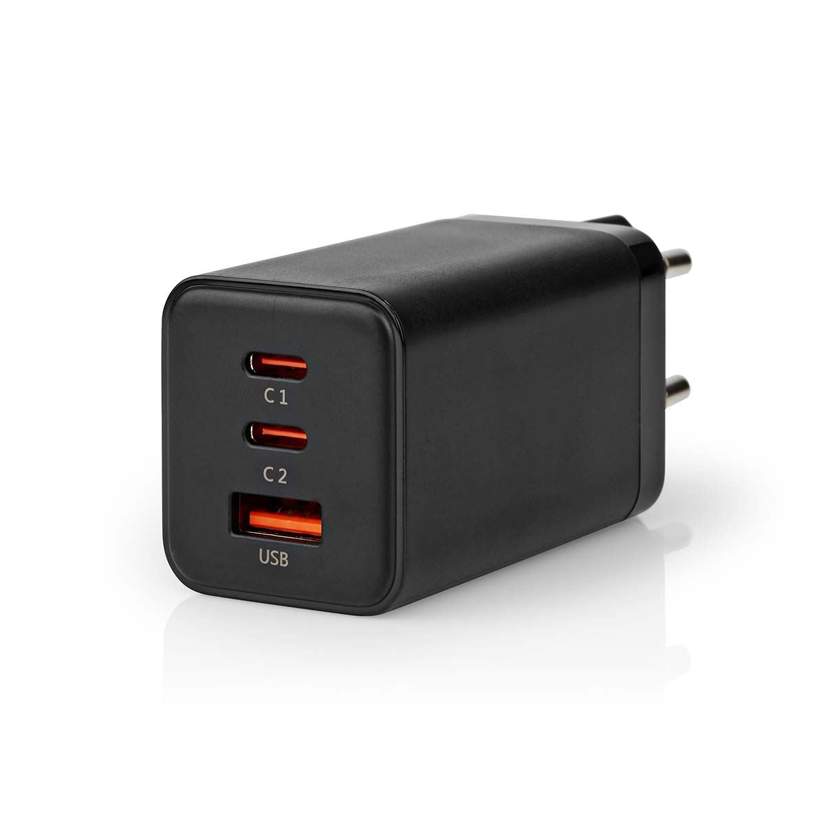Nedis Wall Charger | 65 W | GaN | Quick charge feature | 3.0 / 3.25 A | Number of outputs: 3 | USB-A / 2x USB-C™ | Automatic Voltage Selection | Black