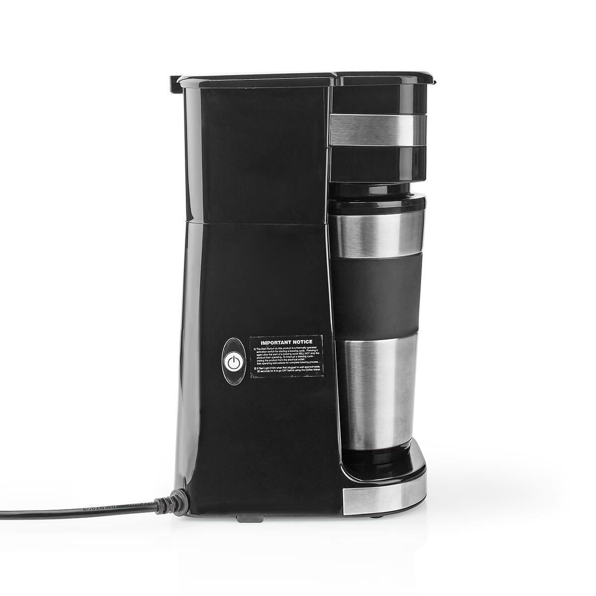 Nedis Single Serve Coffee Maker with 400ml Travel Mug, Double Wall Insulated, Stainless Steel, with Reusable Filter