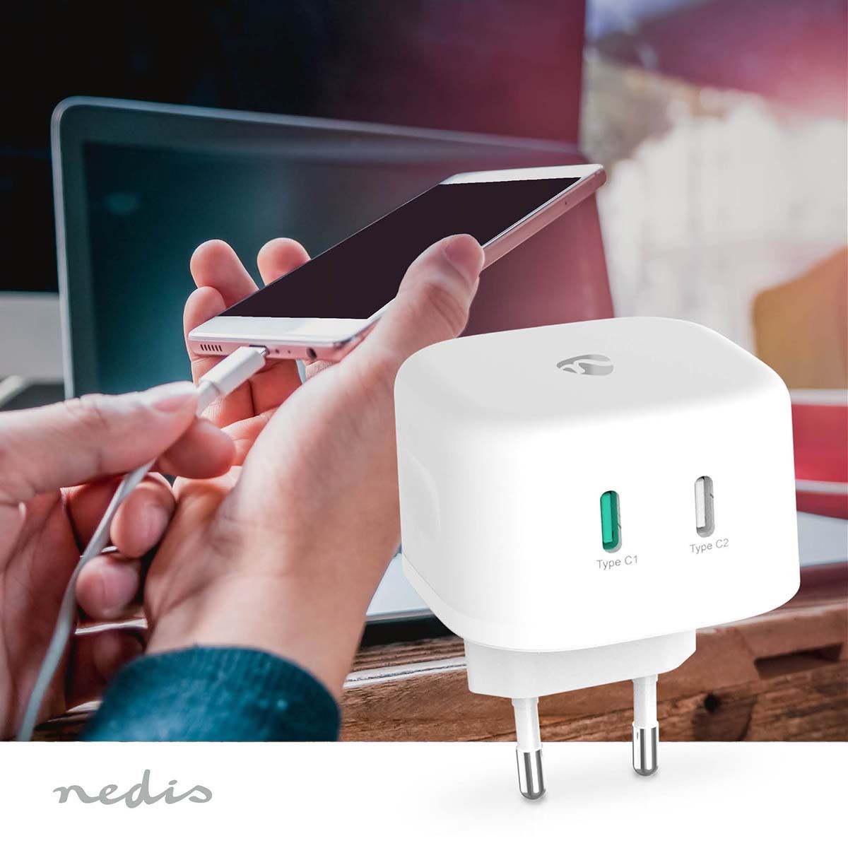 Nedis Wall Charger | 45 W | GaN | Quick charge feature | 2.25 / 3.0 A | Number of outputs: 2 | 2x USB-C™ | Automatic Voltage Selection | White