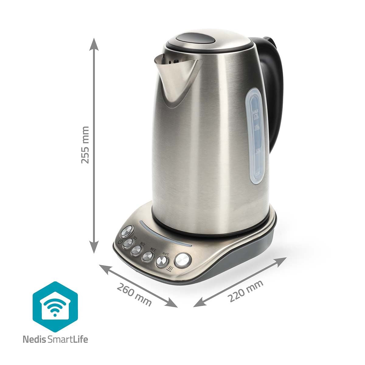 Nedis SmartLife Electric Kettle | Wi-Fi | 1.7 l | Stainless Steel | 70,80,90,100 °C | Temperature indicator | Rotatable 360 degrees | Concealed heating element | Strix® controller | Android™ / IOS