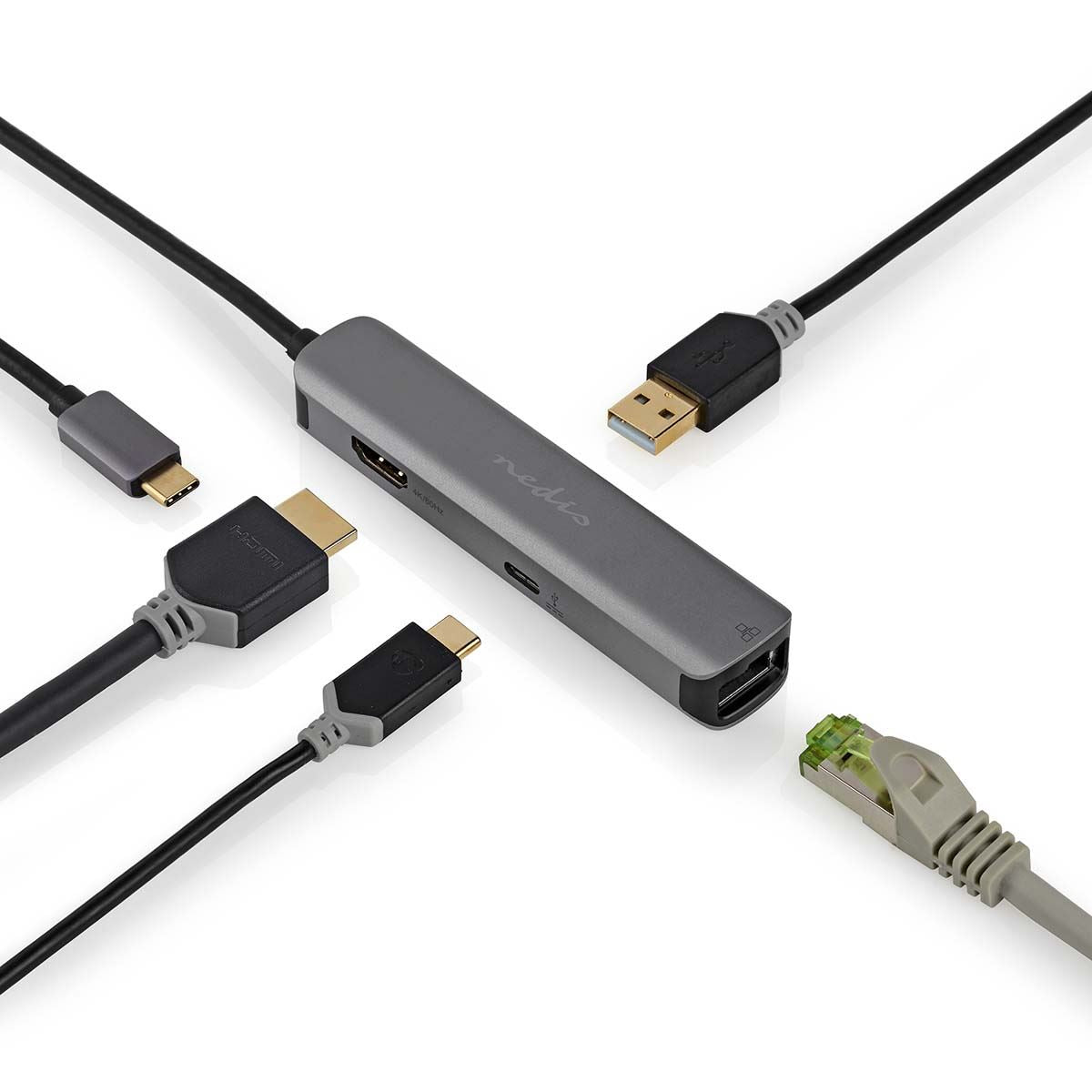 Nedis USB Multi-Port Adapter | USB 3.2 Gen 1 | USB-C™ Male | HDMI™ Output / RJ45 Female / USB-A Female / USB-C™ Female | 5 Gbps | 0.20 m | Round | Gold Plated | PVC | Anthracite | Box