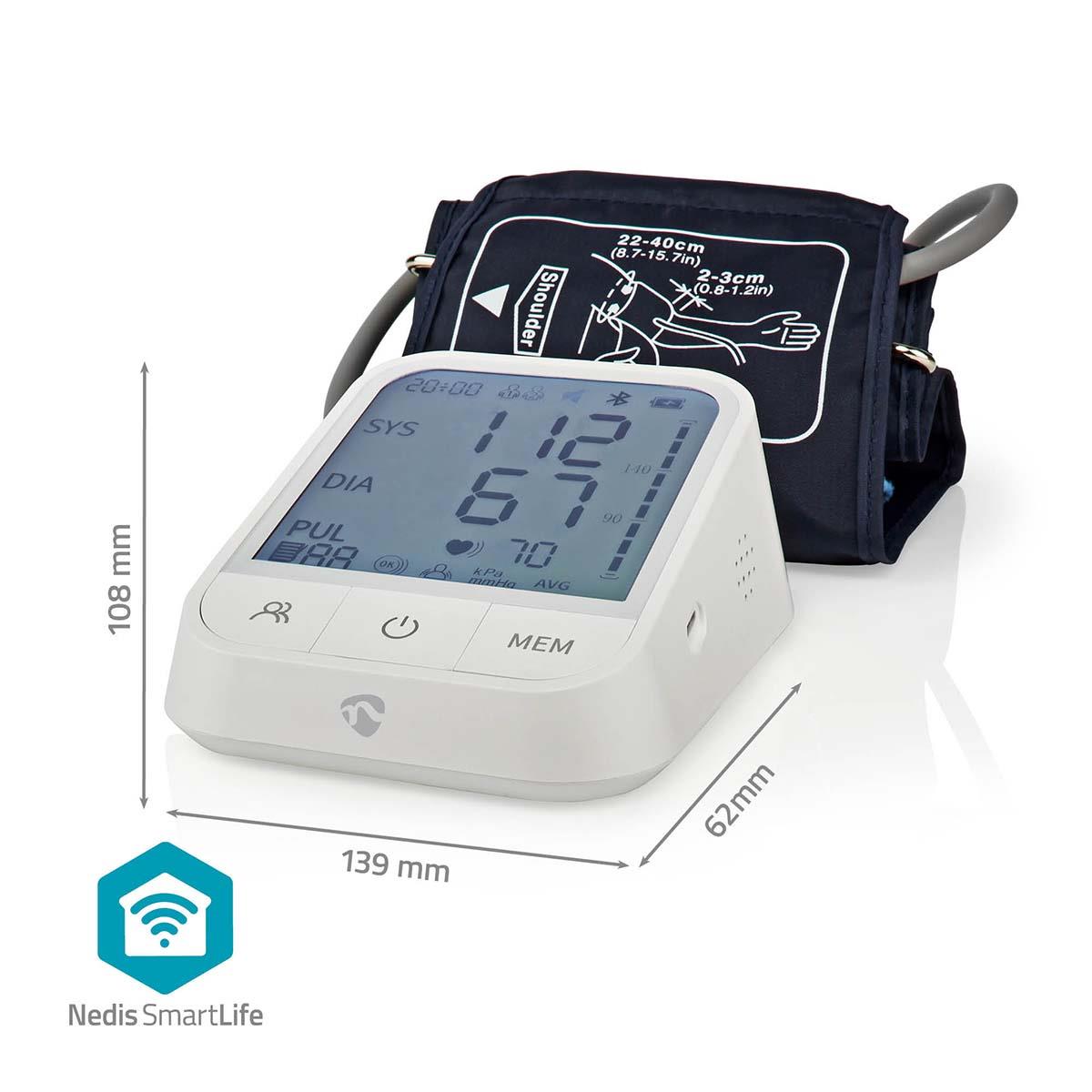 Nedis SmartLife Blood Pressure Monitor | Arm | Bluetooth® | LCD Display | 22 - 42 cm | Detection for cuff wearing / Irregular heartbeat detection / Keep still indication | White