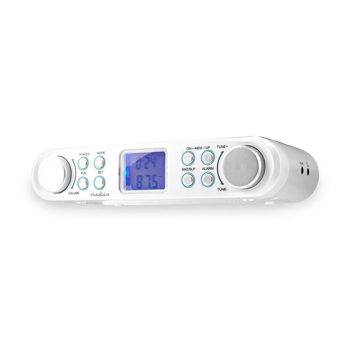 Nedis Kitchen Radio | Cabinet Design | FM | Mains Powered | Digital | 1.5 W | 2 " | Black Blue Screen | Alarm clock | Silver / White