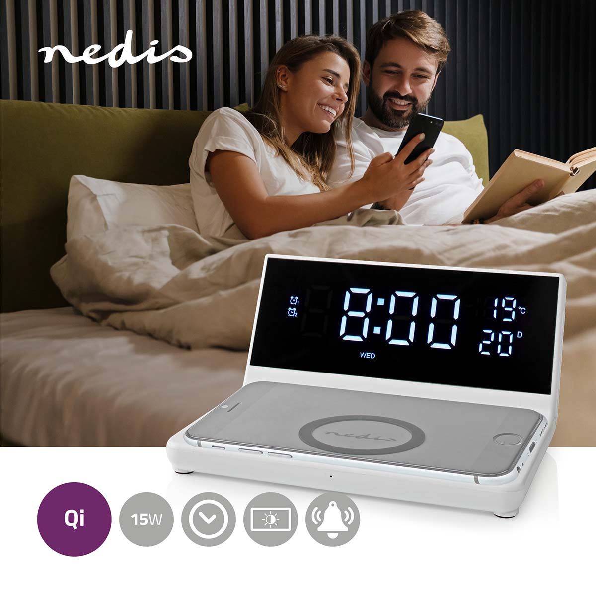 Nedis Alarm clock with wireless charging | Qi certified | 5 / 7.5 / 10 / 15 W | USB-A Male | 2 Alarm Times | Snooze function