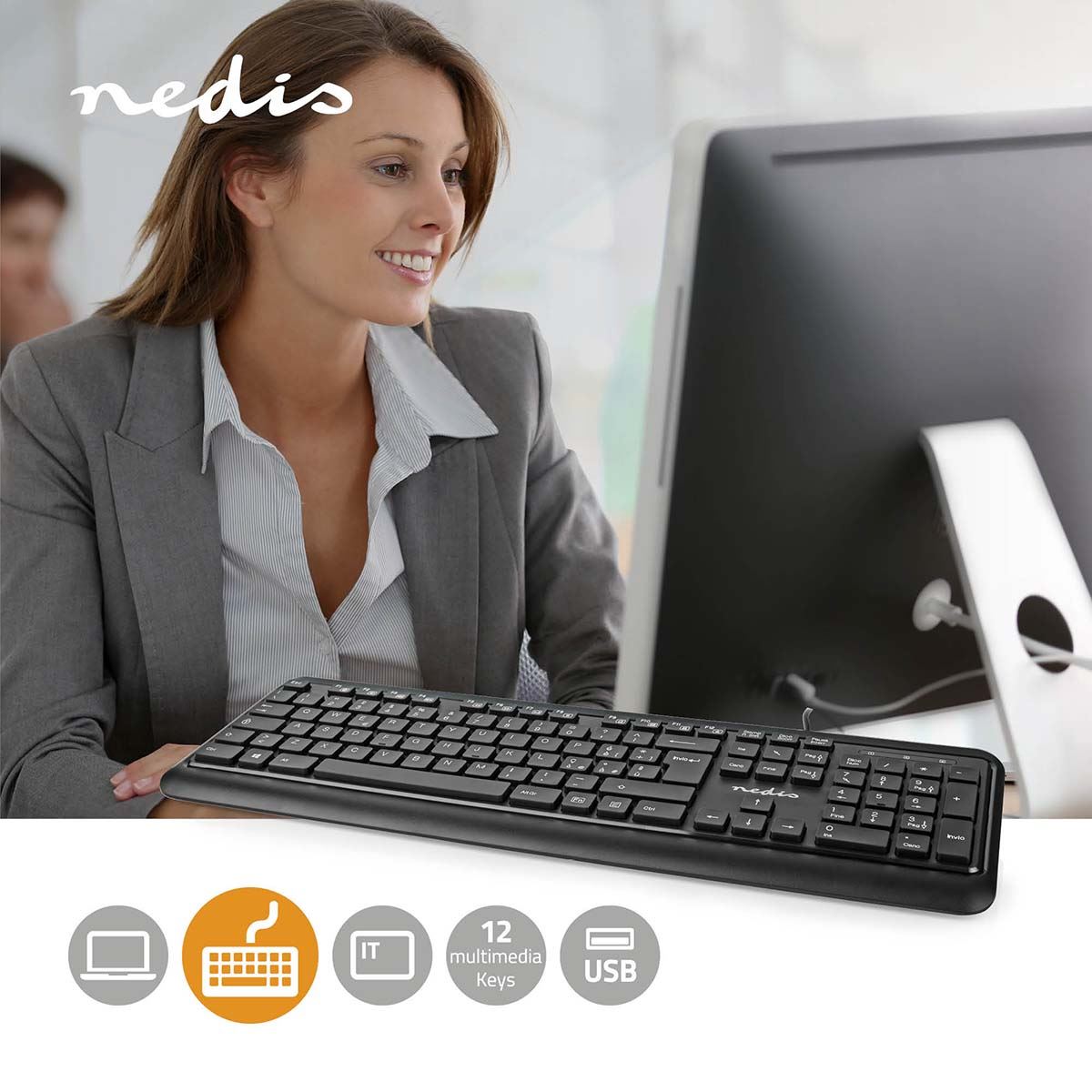 Nedis Wired Keyboard | USB-A | Multimedia | QWERTY | IT Layout | Numeric keypad