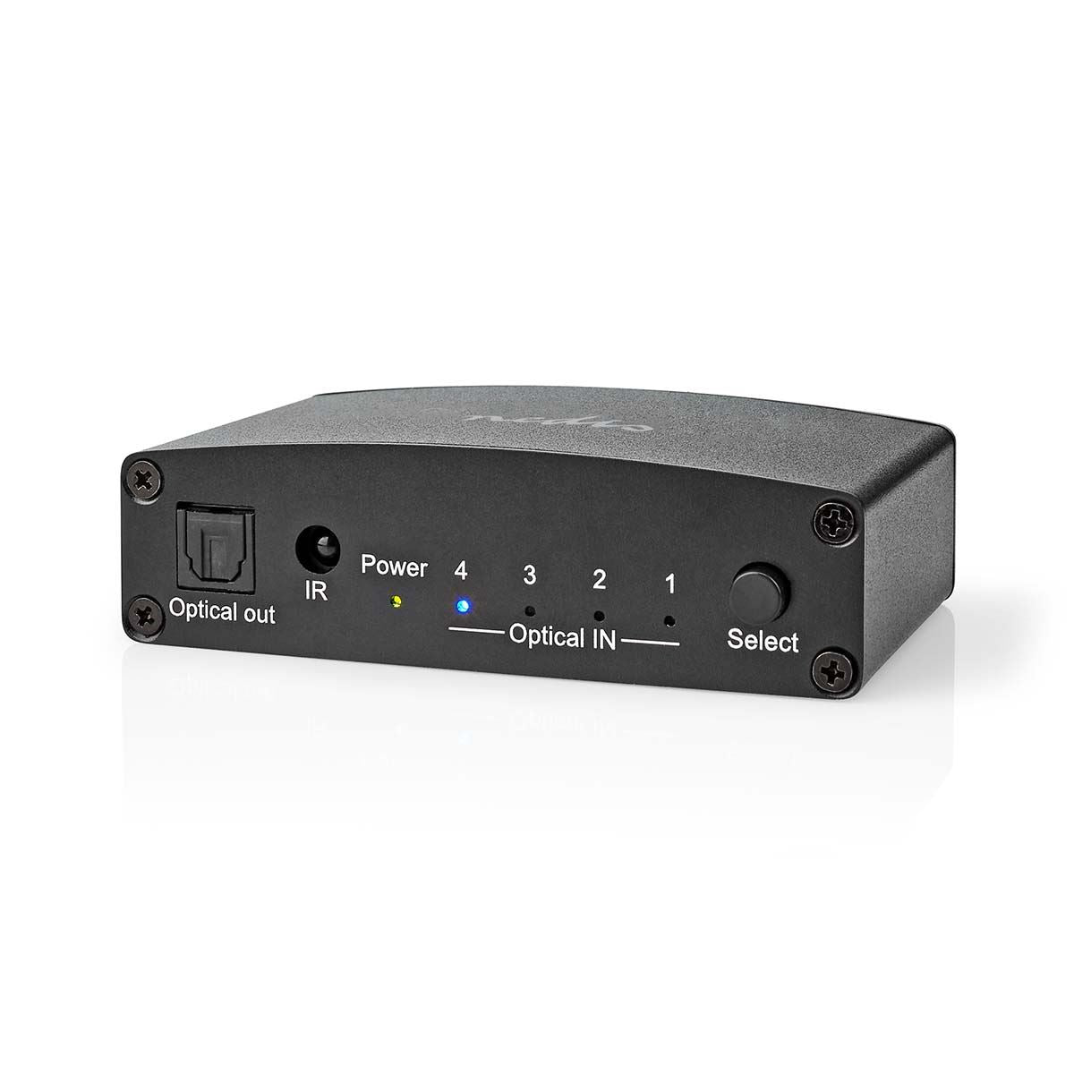 Nedis Digital Audio Switch | 4-way | Connection input: DC Power / 4x TosLink | Connection output: TosLink Female | Manual / Push Button / Remote Control | Metal | Black