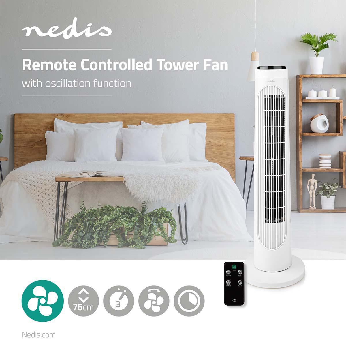 Nedis Tower Fan | 3-Speed | Oscillation | 50 W | Remote control | Black / White