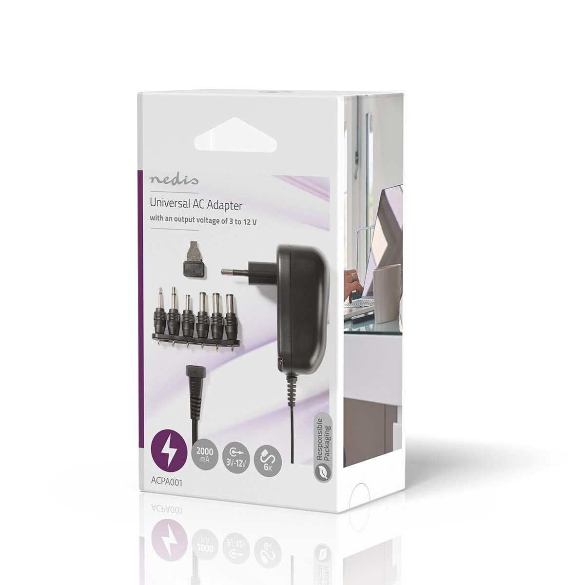 Nedis Universal EU AC Power Adapter | 12 W | 3 - 12 V DC | 1.80 m | 2.0 A | 6 plug(s) | Black