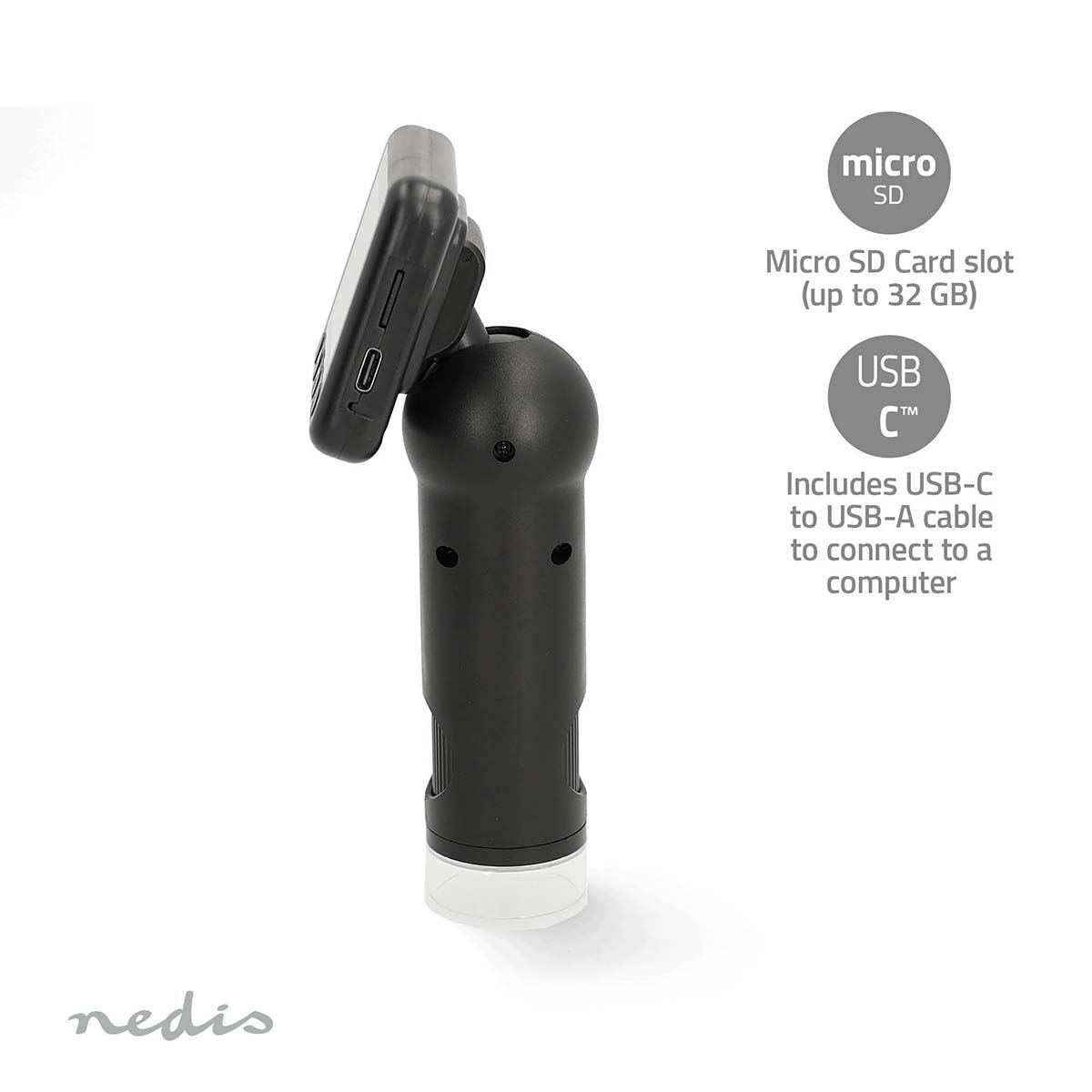 Nedis Microscope Camera | Maximum battery play time: 5 hrs | Built-in microphone | 1080P | up to 48MP | 2”Inch Screen | Black