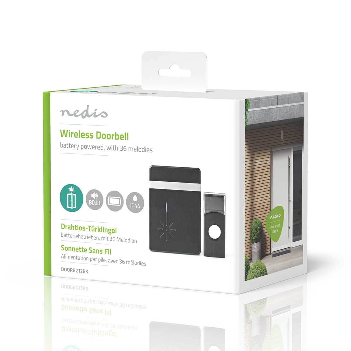 Nedis Wireless Doorbell Set | Battery Powered | 3 V DC | 1x CR2032 | Volume: 80 dB | Signal range: 300 m | IP44 | 36 Melodies | 1 Receiver | Black