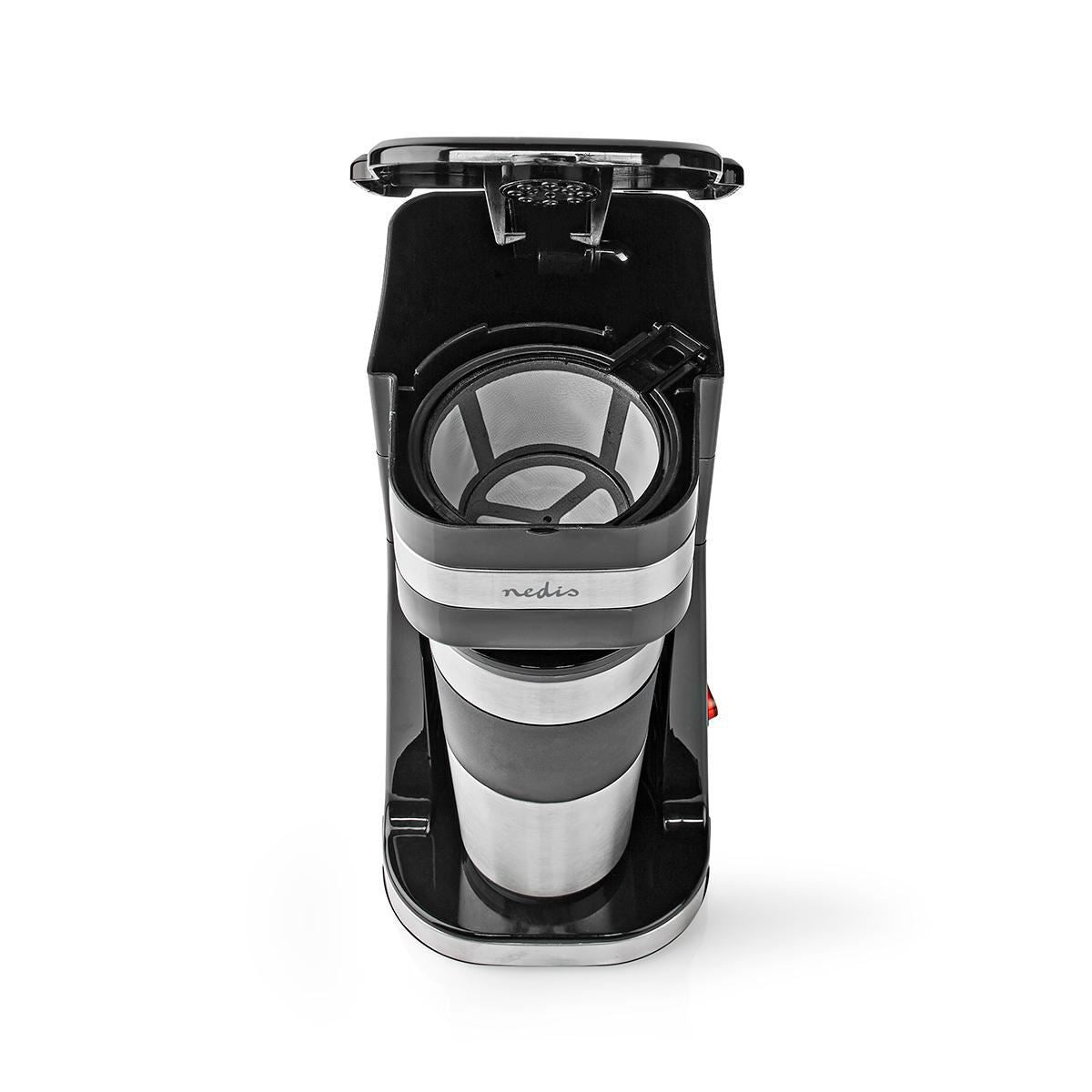 Nedis Single Serve Coffee Maker with 400ml Travel Mug, Double Wall Insulated, Stainless Steel, with Reusable Filter
