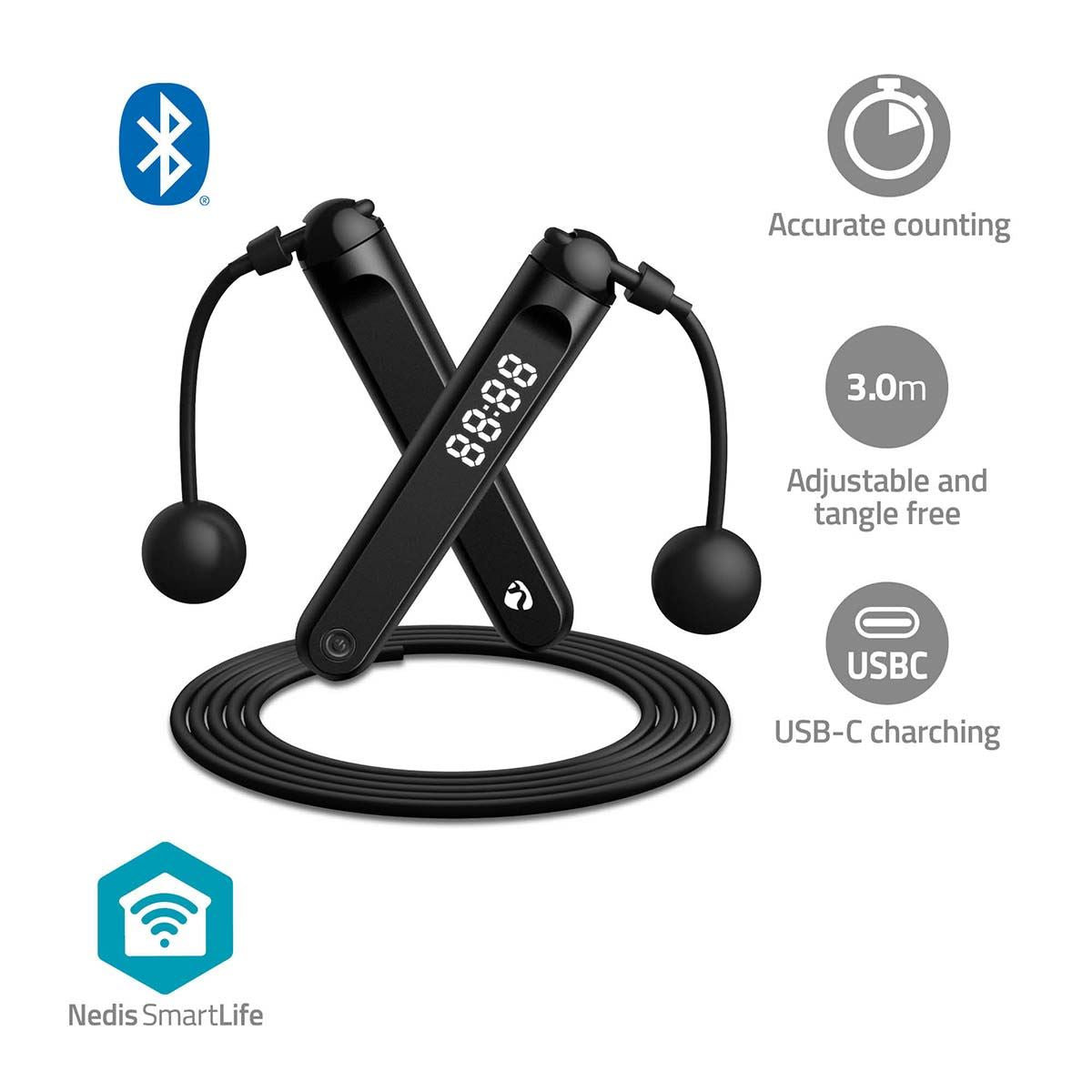 Nedis Outdoor Sports | Jumping Rope | Bluetooth® | Dual Hall sensor | LED Display | Cordless balls / Drawstring Bag | Black