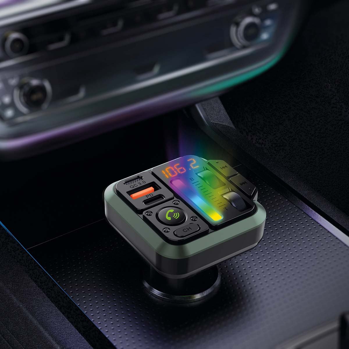 Nedis Car FM Transmitter | Fixed | Hands free calling | 1 " | Amber Screen | Bluetooth® | PD 18 W / PD 24 W | Fast charging | Bass boost | Google Assistant / Siri | Black