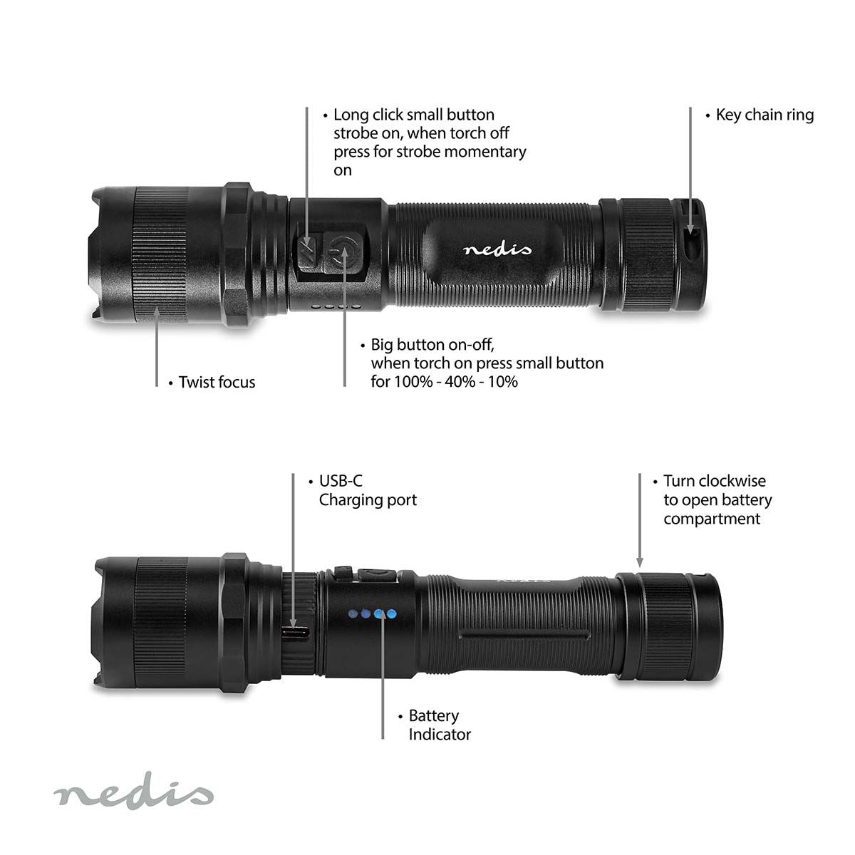 Nedis LED Torch | Battery Powered | 3.7 V DC | 10 W | N/A | Batteries included | Rechargeable | Rated luminous flux: 1000 lm | Light range: 110 m | Beam angle: 9.5 °