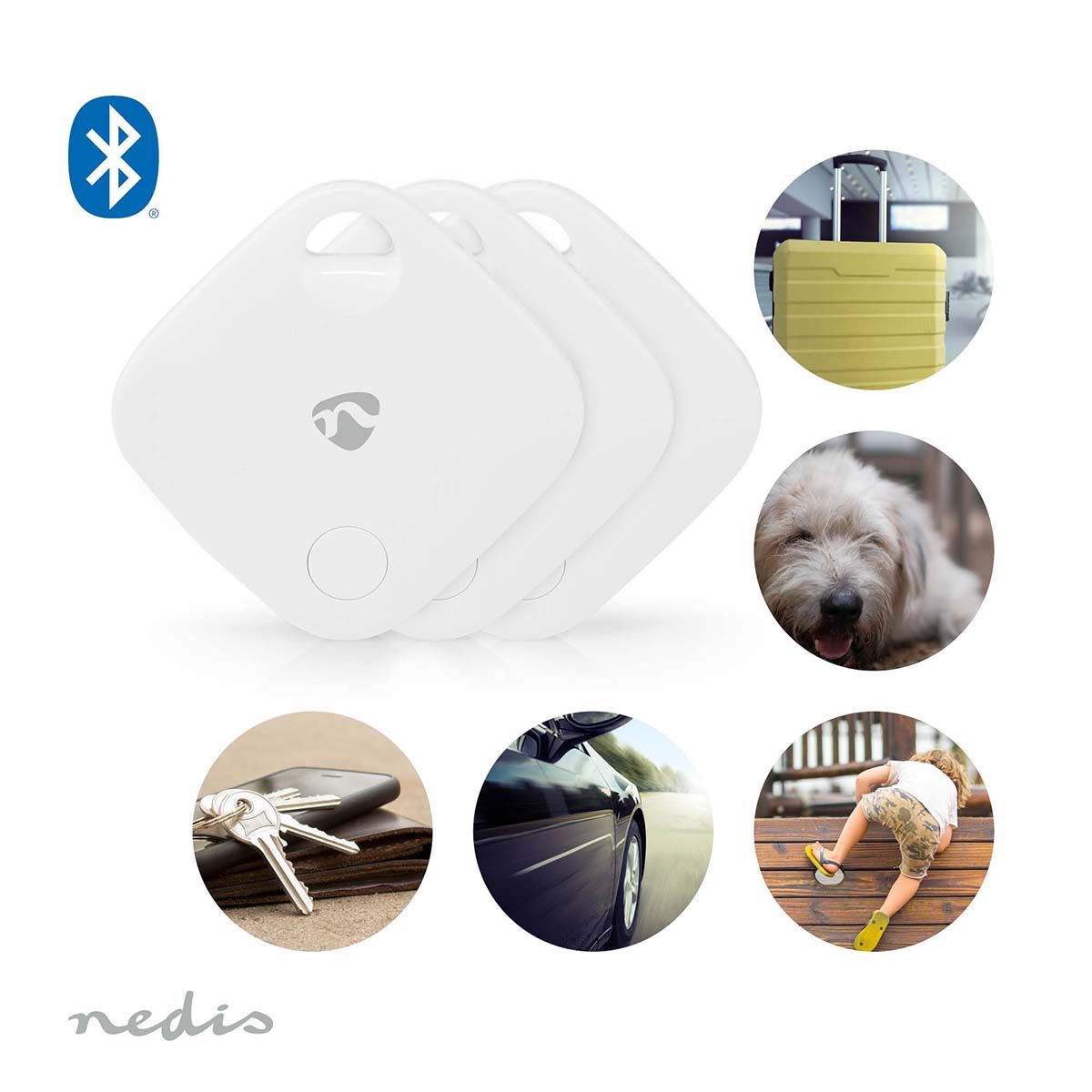 Nedis Key Finder | Compatible with: Apple Find My App | Battery Powered | 3x CR2032 | Batteries included | Bluetooth® version: 5.1 | Battery life up to: 1 year | White | 3 pcs