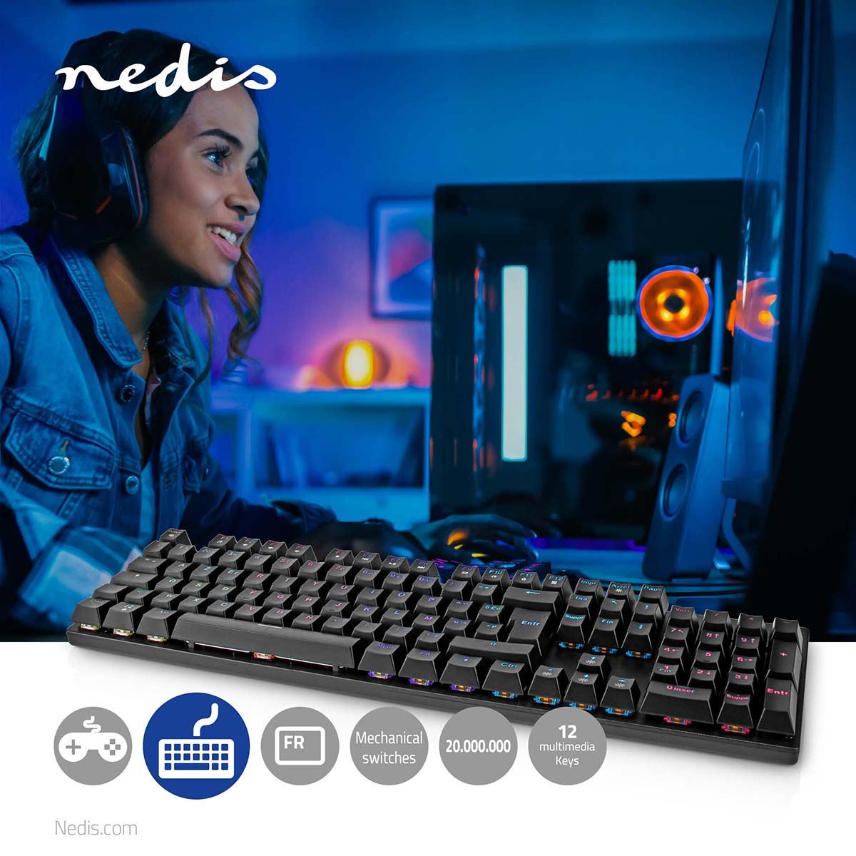 Nedis Wired Gaming Keyboard | USB Type-A | Mechanical Keys | LED | AZERTY | FR Layout | USB Powered | Power cable length: 1.50 m | Gaming