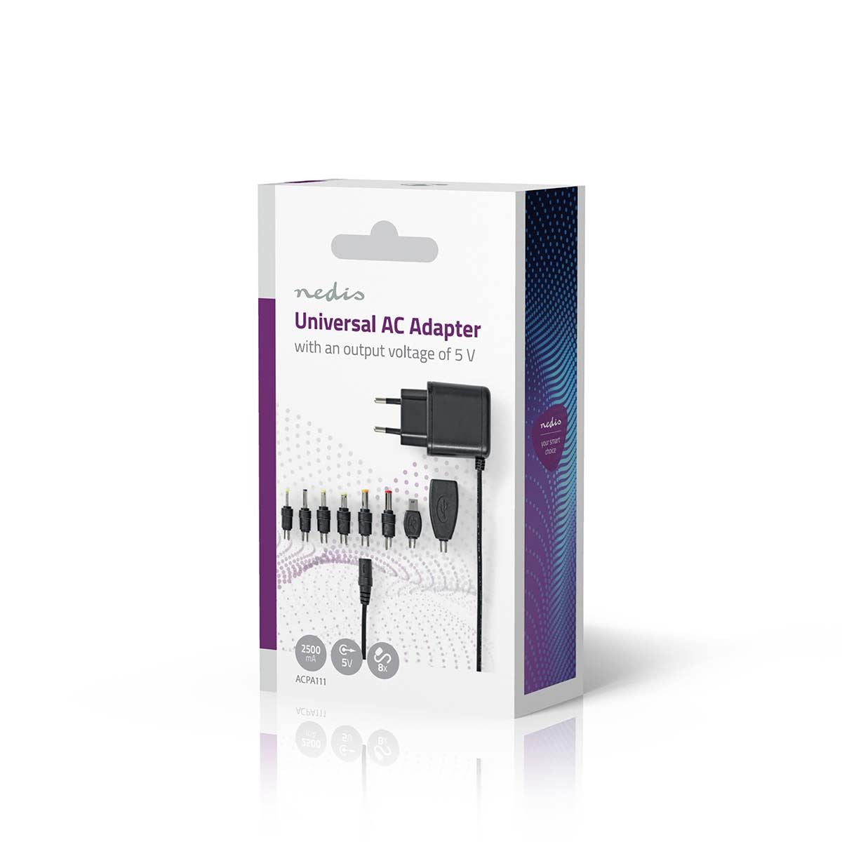 Nedis Universal EU AC Power Adapter | 12.5 W | 5 V DC | 1.60 m | 2.5 A | 8 plug(s) | Black