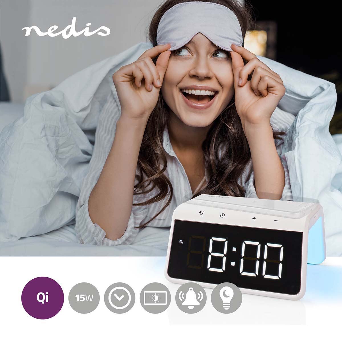 Nedis Alarm clock with wireless charging | Qi certified | 5 / 7.5 / 10 / 15 W | USB-A Male | Night Light | 2 Alarm Times | Snooze function