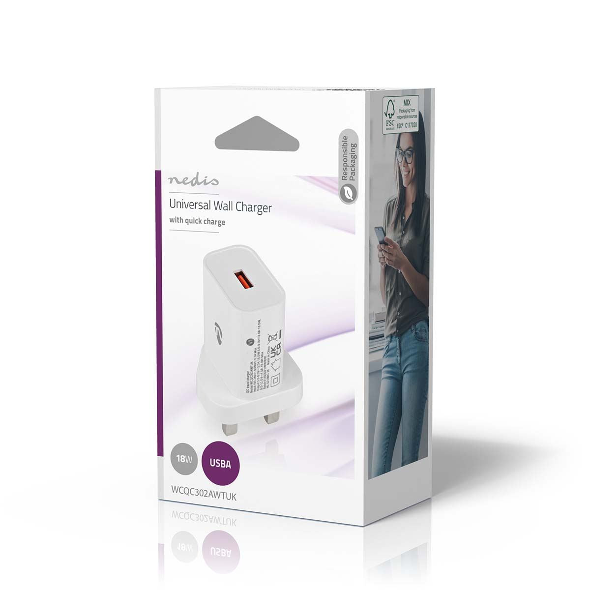 Nedis Wall Charger | 18 W | Quick charge feature | 3.0 A | Number of outputs: 1 | USB-A | Automatic Voltage Selection | White