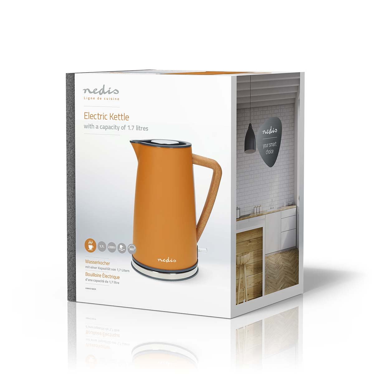 Nedis Electric Kettle | 1.7 l | Soft-Touch | Orange | Rotatable 360 degrees | Concealed heating element | Strix® controller | Boil-dry protection