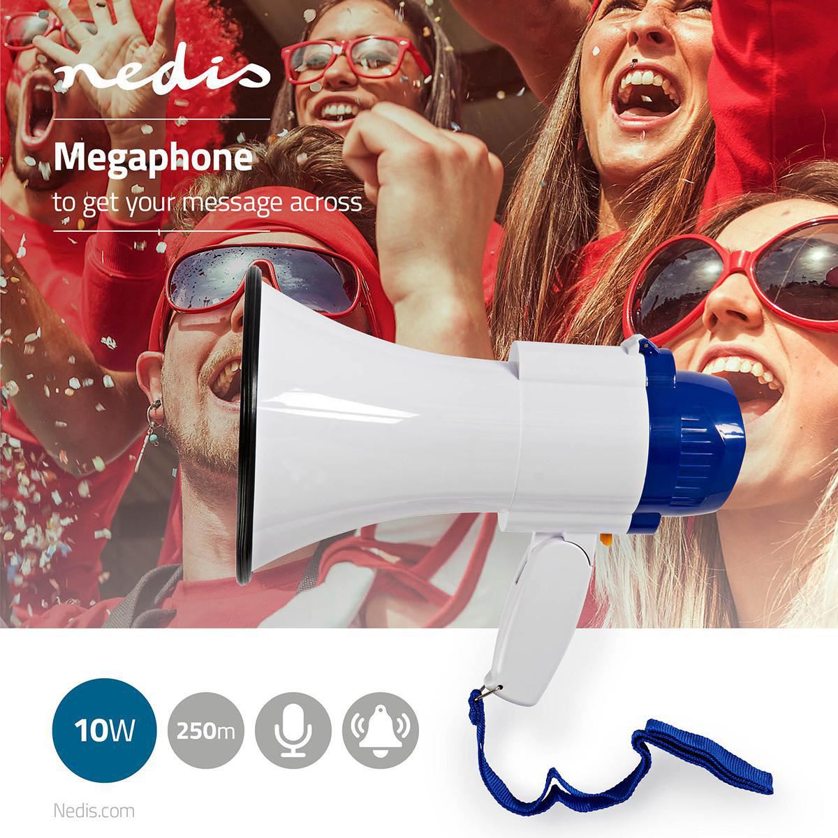 Nedis Megaphone | Maximum range: 250 m | Maximum Volume control: 115 dB | Built-In Microphone | Built-in siren | Recording function | Blue / White