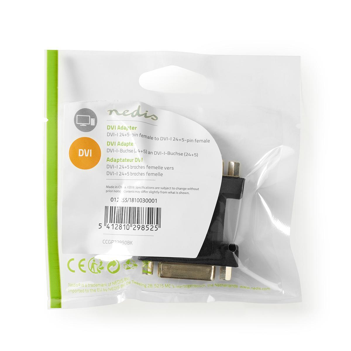 Nedis DVI Adapter | DVI-I 24+5-Pin Female | DVI-I 24+5-Pin Female | Nickel Plated | Straight | PVC | Black | Polybag