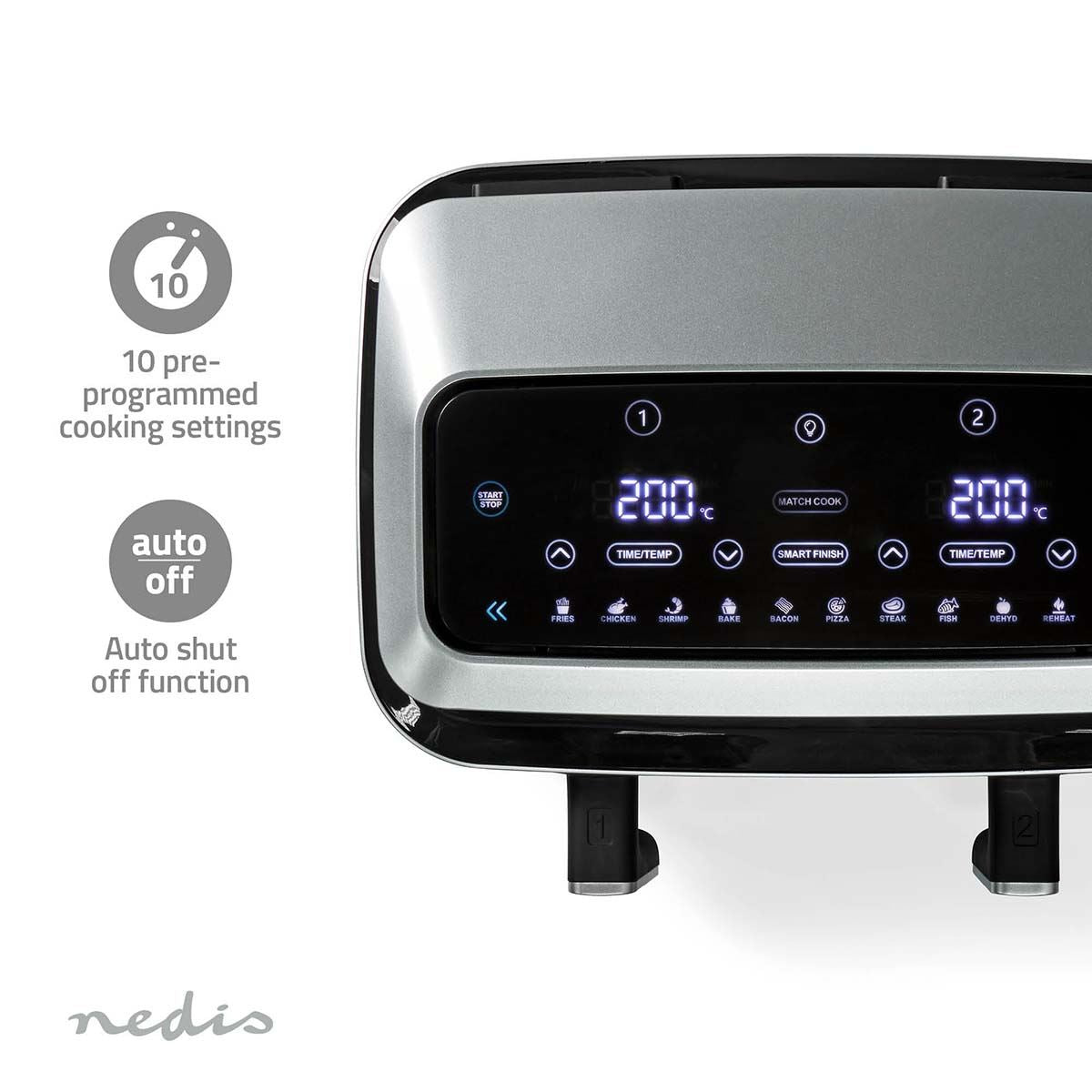 Nedis Hot Air Fryer | 2x4.2 l | Timer: 60 min | Number of preset programs: 10 | Digital