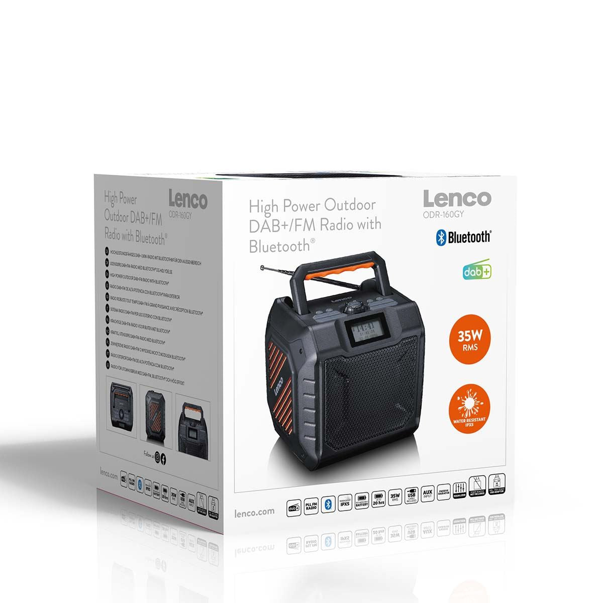 Lenco ODR-160GY | High Power Portable Outdoor Bluetooth® Speaker | DAB+/FM Radio | IPX5 Water-Resistant | Grey