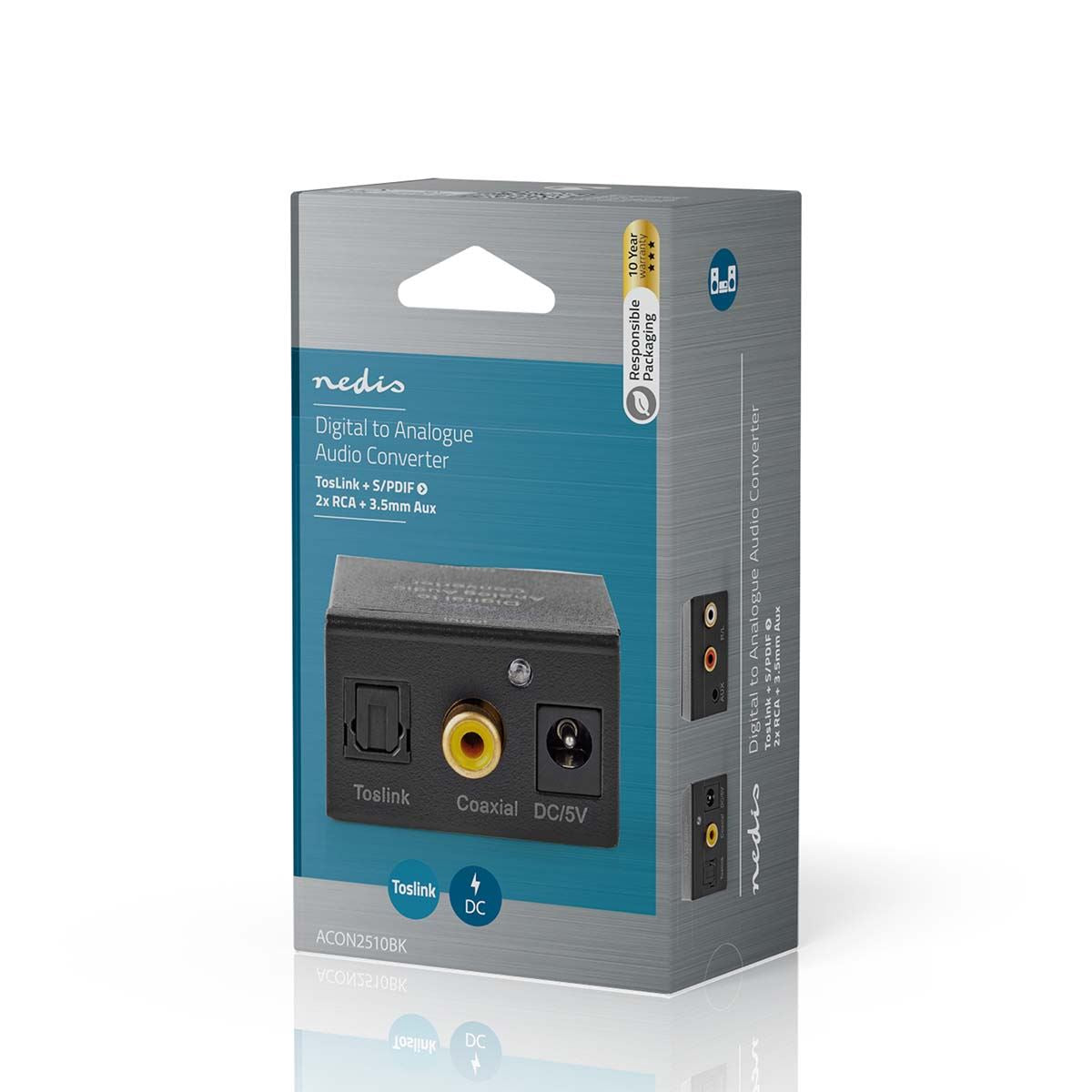 Nedis Digital Audio Converter | 1-way | Connection input: 1x Digital RCA / 1x TosLink | Connection output: 1x (2x RCA) / 1x 3.5 mm | Automatic | Integrated amplifier | Black