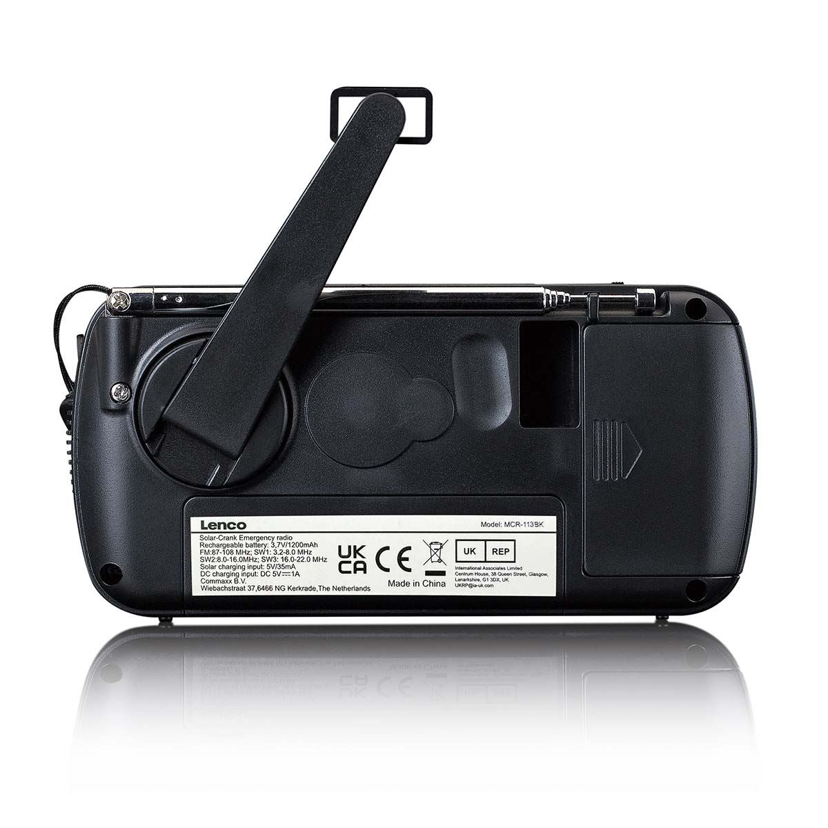 Lenco Portable wind-up Emergency FM Radio, Flashlight and Power bank in one - Black
