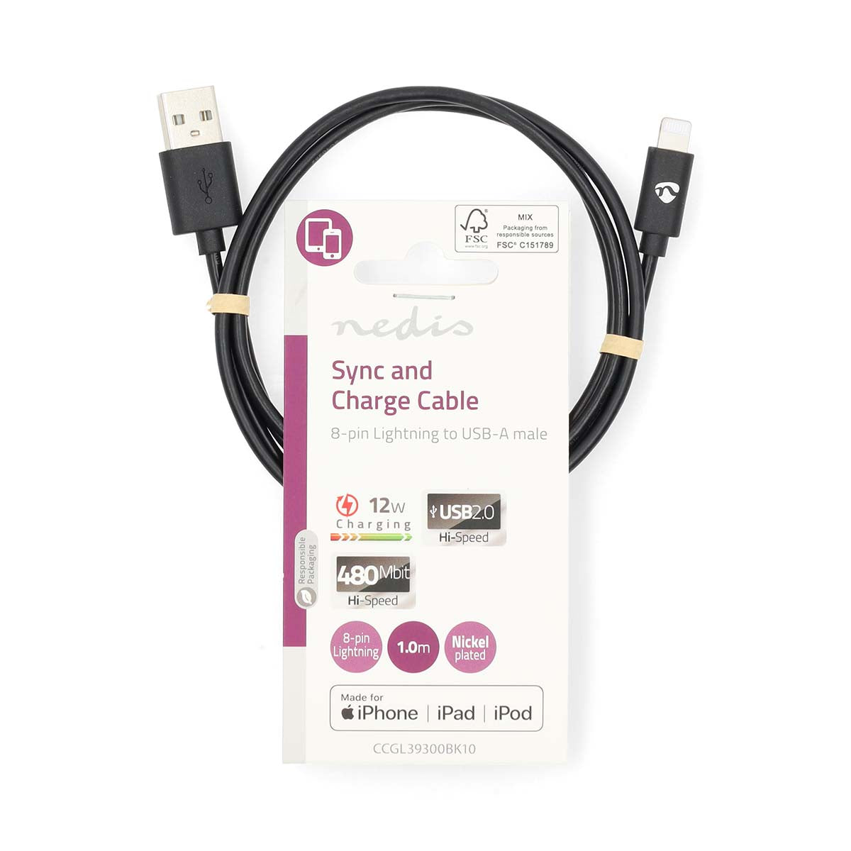 Nedis Lightning Cable | USB 2.0 | Apple Lightning 8-Pin | USB-A Male | 480 Mbps | Nickel Plated | 1.00 m | Round | PVC | Black | Label
