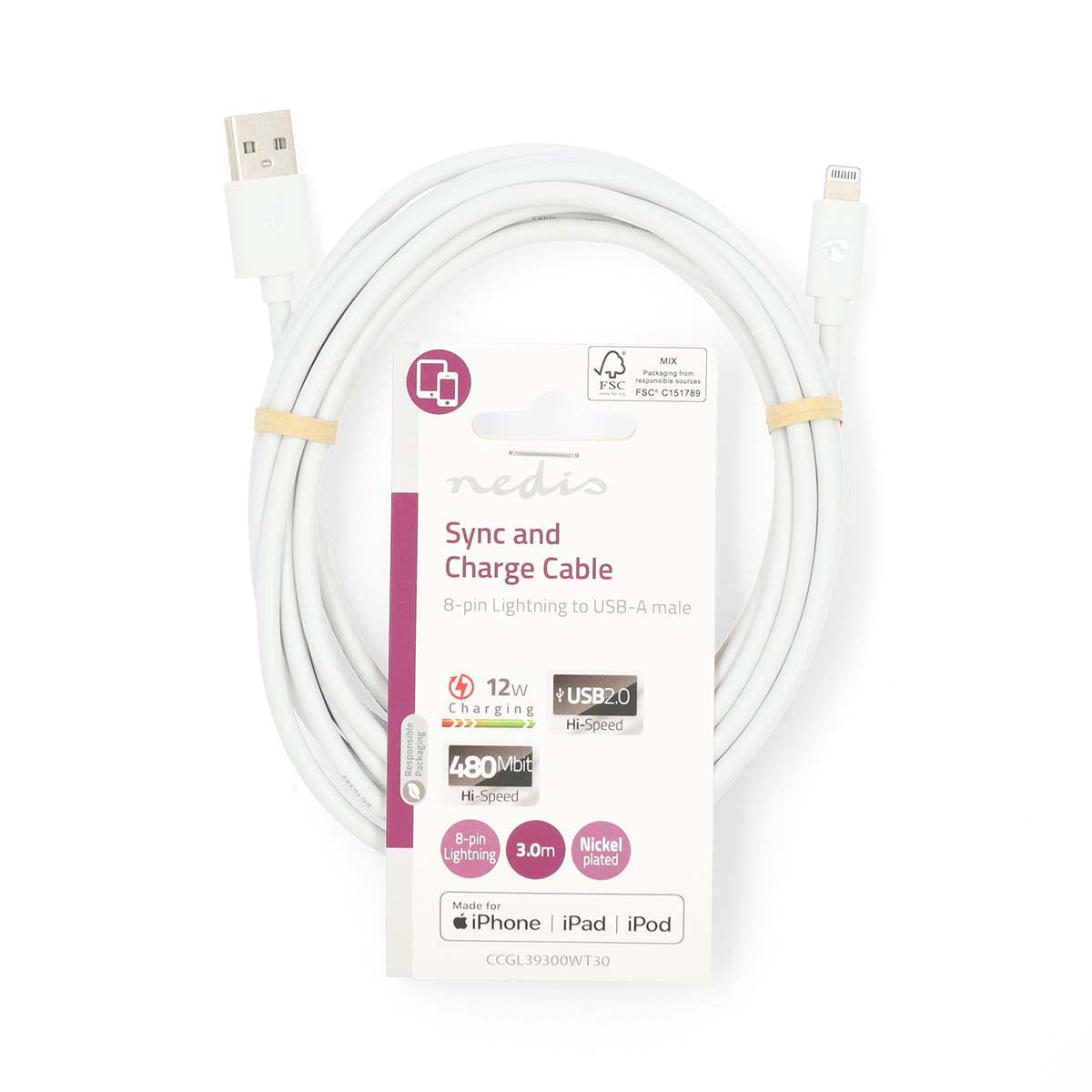 Nedis Lightning Cable | USB 2.0 | Apple Lightning 8-Pin | USB-A Male | 480 Mbps | Nickel Plated | 3.00 m | Round | PVC | White | Label
