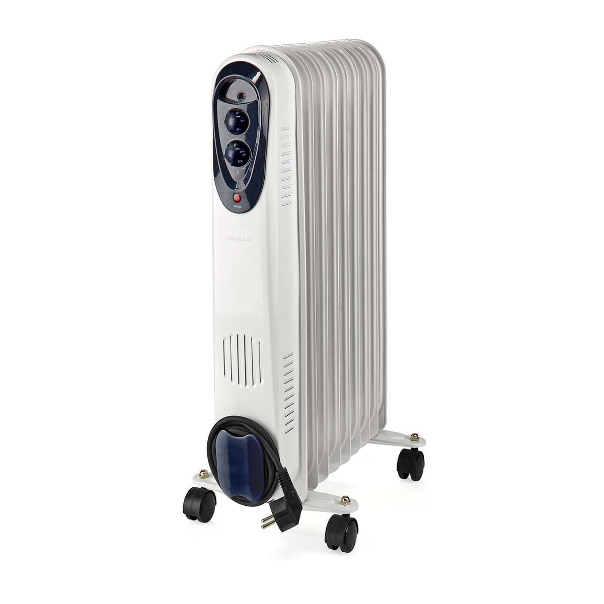 Nedis Mobile Oil Radiator | 800 / 1200 / 2000 W | 9 Fins | Adjustable thermostat | 3 Heat Settings | Fall over protection | White