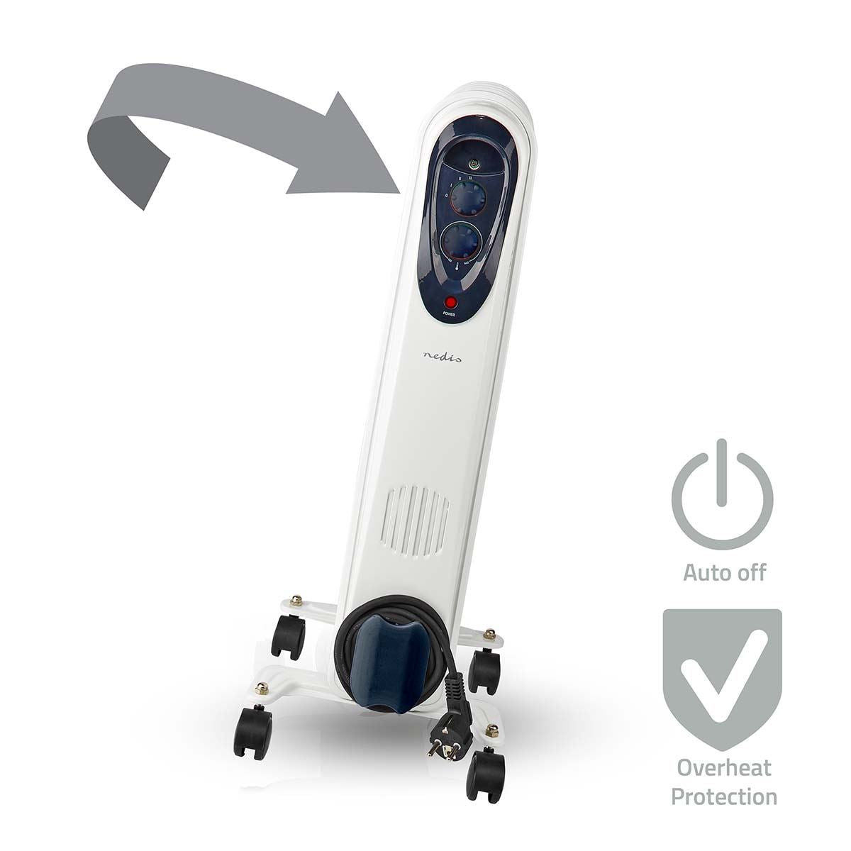 Nedis Mobile Oil Radiator | 800 / 1200 / 2000 W | 9 Fins | Adjustable thermostat | 3 Heat Settings | Fall over protection | White