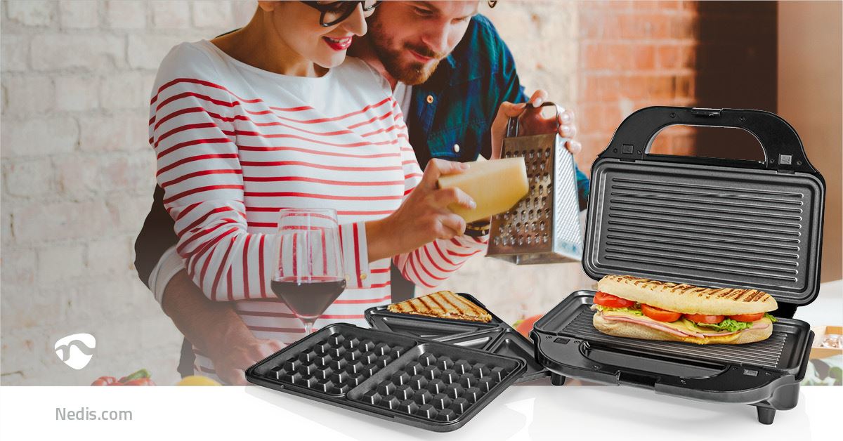 Nedis Multi Grill | Grill / Sandwich / Waffle | 900 W | 28 x 15 cm | Automatic temperature control | Plastic / Stainless Steel