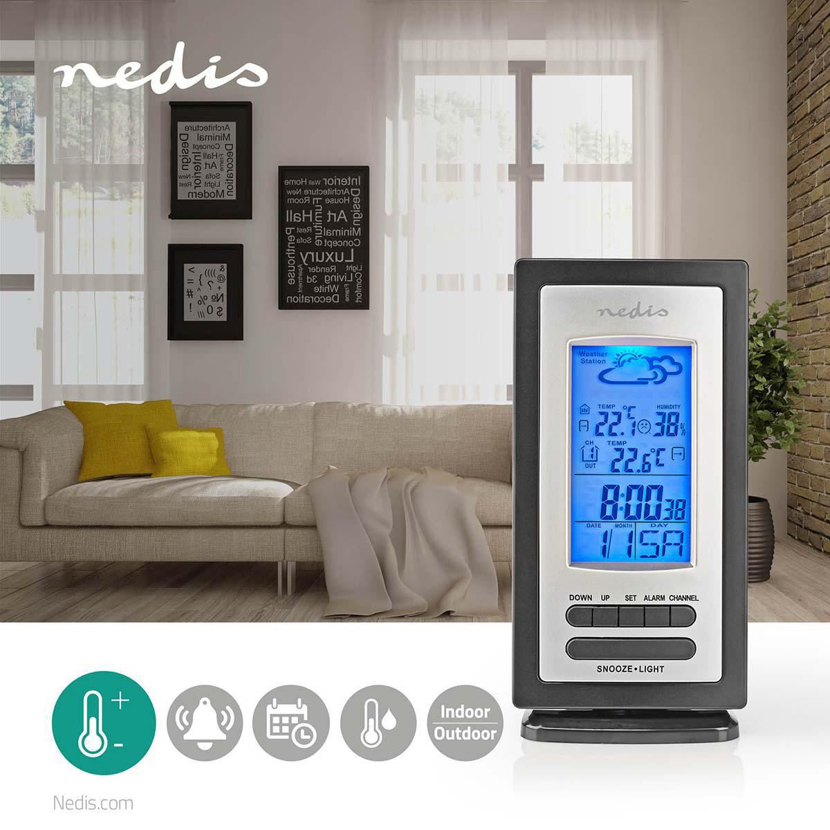 Nedis Weather Station | Indoor & Outdoor | Including wireless weather sensor | Weather forecast | Time display | LCD Display | Alarm clock function